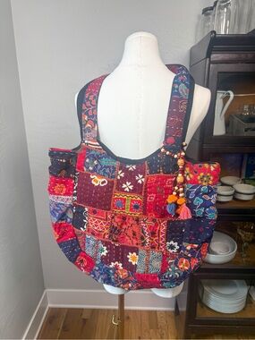 Boho Patchwork Kantha Quilted Cotton Tote Bag Embroidered Tassel Beaded